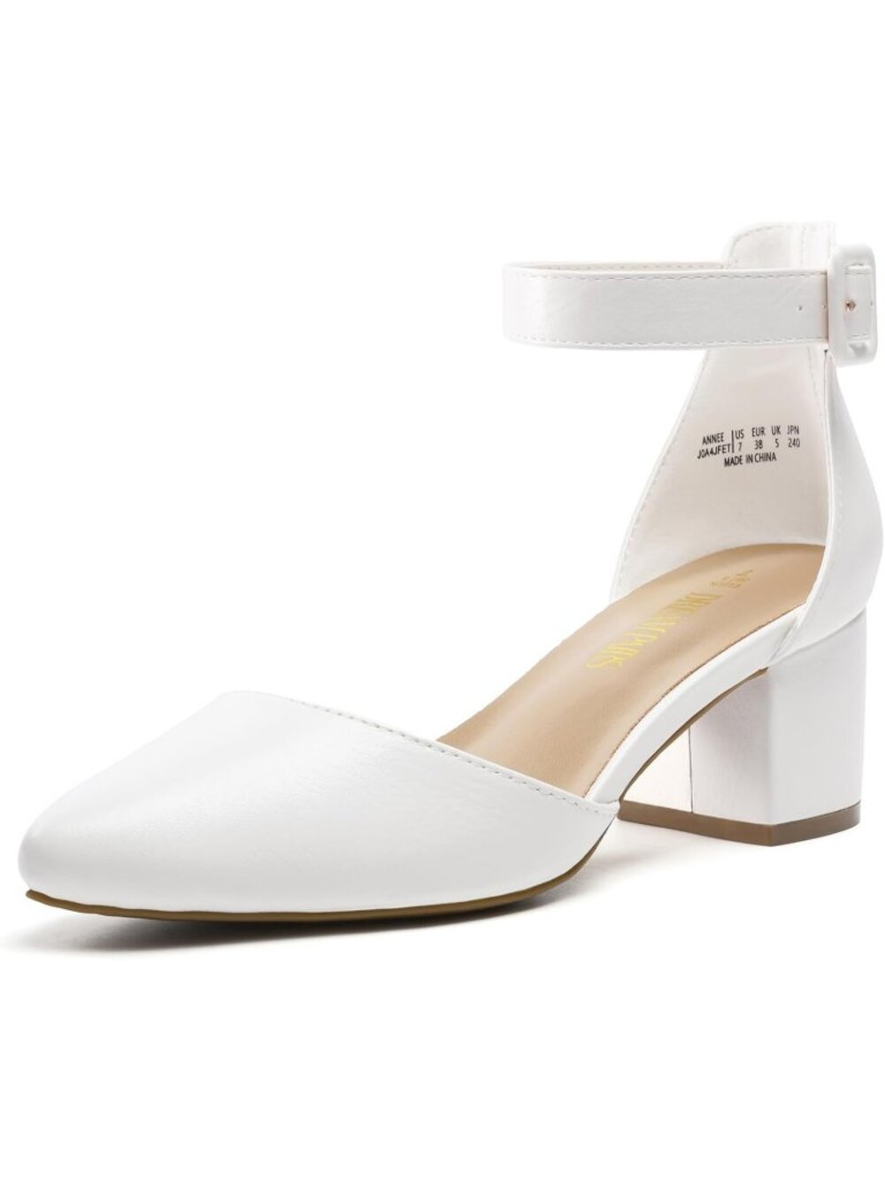 Women's White Pu ANNEE Closed Toe Low Chunky Block Heels Ankle Strap Pumps Shoes